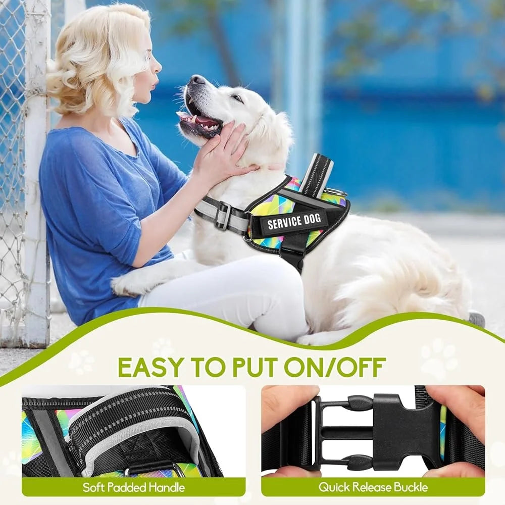 Service Dog Harness Leash Set Reflective No Pull 10 Patches Multi Color Training Vest Durable Lightweight Small to XL Dogs